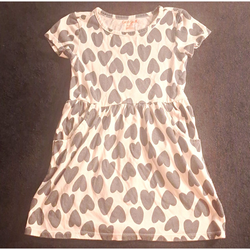 Cat & Jack Girls Hearts Fit & Flare Flutter Sleeve Dress White Gray XS 4/5